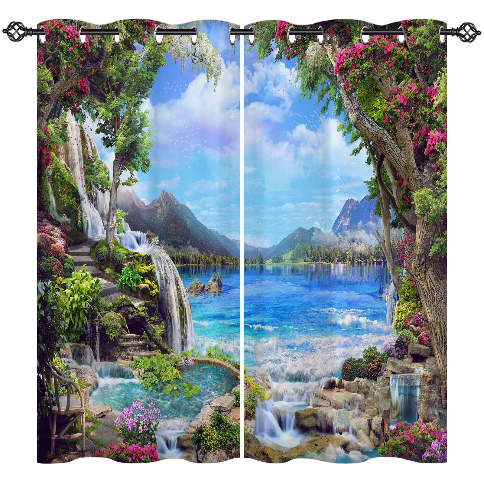 ANHOPE Scenery Curtains Eyelet 80% Blackout Room Darkening Curtains with Nature Landscape Garden Waterfall Print Pattern Light Blocking Window Drapes for Bedroom Living Room 46 x 54 Inch Drop 2 Panels