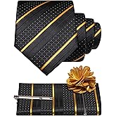 JEMYGINS Mens Striped Tie and Lapel Pin Necktie Pocket Square with Tie Clip Sets for Business Casual 4PCS