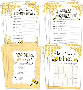 Mom To Bee Baby Shower Games, Neutral Yellow Bingo, Find The Guest, The Price Is Right, Who Knows Mommy Best, 25 games each