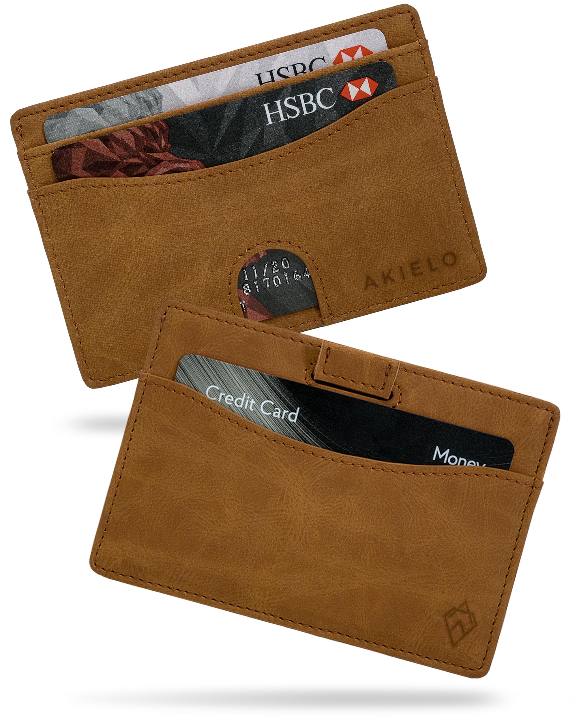 AKIELO Minimalist RFID Blocking Card Holder and Gift Box – Mens Credit Card Wallet – Compact and Slim Wallet (Echo - Tan Edition)