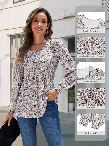 LICEMERE LONG SLEEVE SHIRTS FOR WOMEN FALL FASHION 2025 WOMENS TUNIC TOPS PLEATED CREW NECK PUFF SLEEVE BLOUSES DRESSY CASUAL (FLORAL WHITE,L)