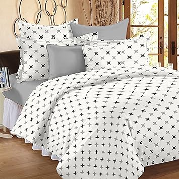 Ahmedabad Cotton Comfort 160 TC Double Bedsheet with 2 Pillow Covers - Geometric, White and Grey