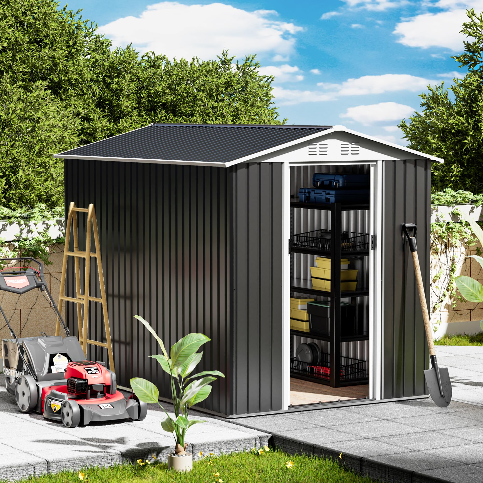 Photo 1 of **factory sealed ***Patiometh 6x9FT Metal Storage Shed, Garden Tool Shed with Lockable Double Door & Sloping Roof, Outdoor Backyard Storage?Grey?