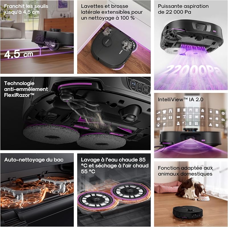 Robot Aspirateur Laveur. Serpillière & Brosse latérale Extensible, Aspiration 22000 Pa. Station autonettoyante, Lavage serpillière Eau 80℃, IntelliView 2.0, Anti-emmêlement, Noir,J15 Max Ultra