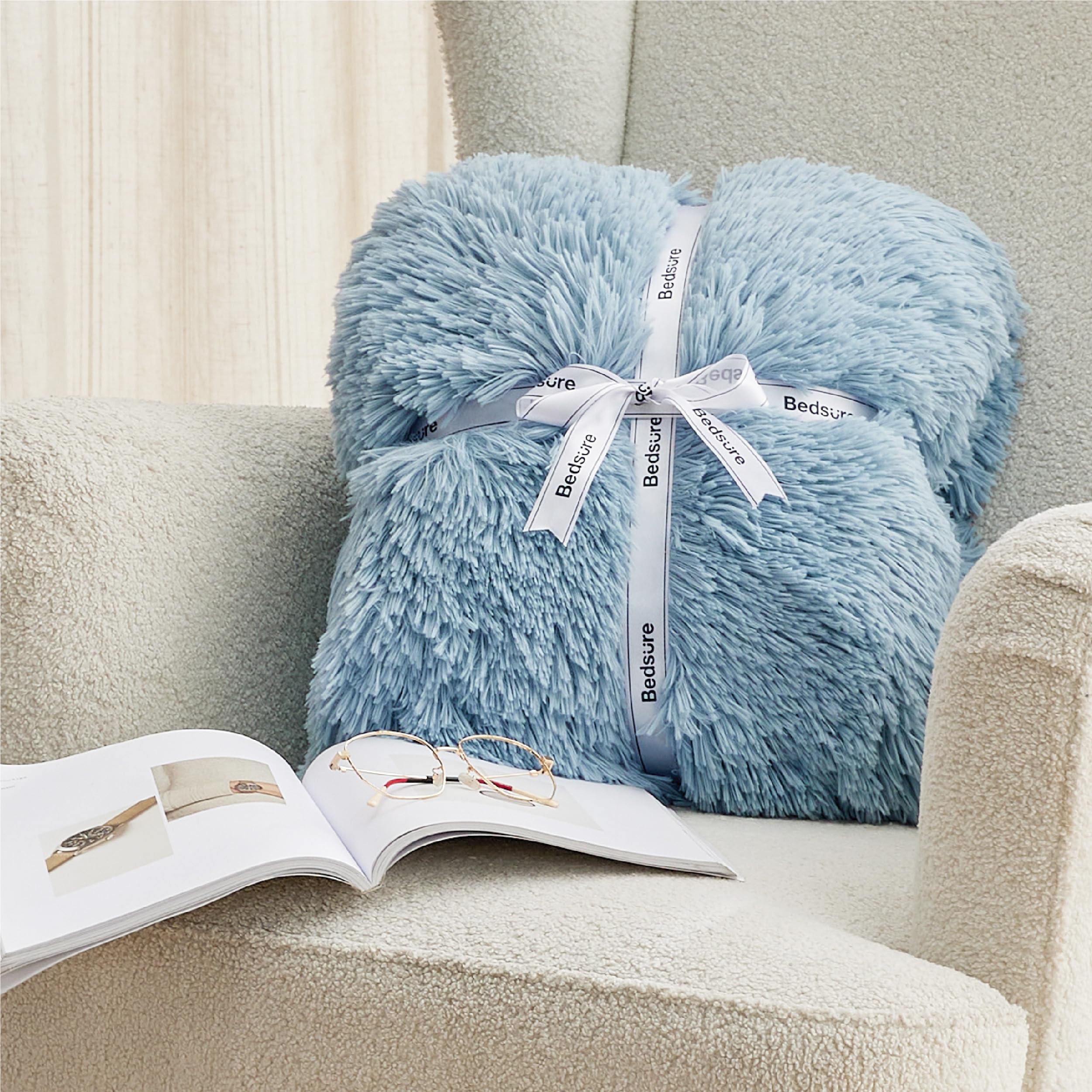 Bedsure GentleSoft Fluffy Light Sky Blue Throw Blanket, Dusty Baby Blue Decor Gifts for Women Men, Soft Cozy Fuzzy Plush Warm Minky Thick Sherpa Fleece Faux Fur Throw Blanket for Couch Bed, 50x60