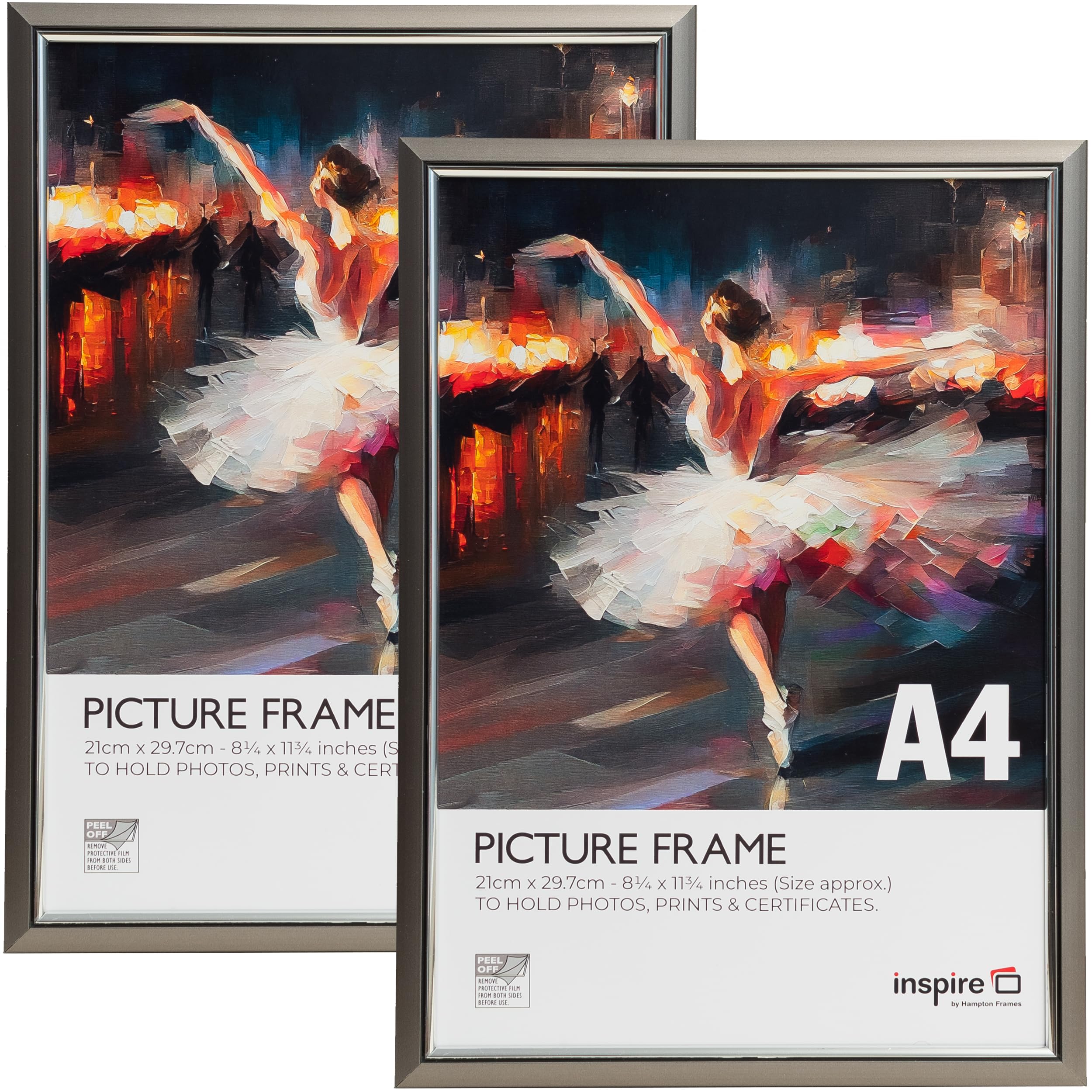 inspire by Hampton Frames | Picture Frame | A4 (21x30cm), Smoke Grey, Plastic, 2-Pack | Foil Wrapped, Acrylic Front, Wall Mount or Freestanding | Modern photo display for home or office
