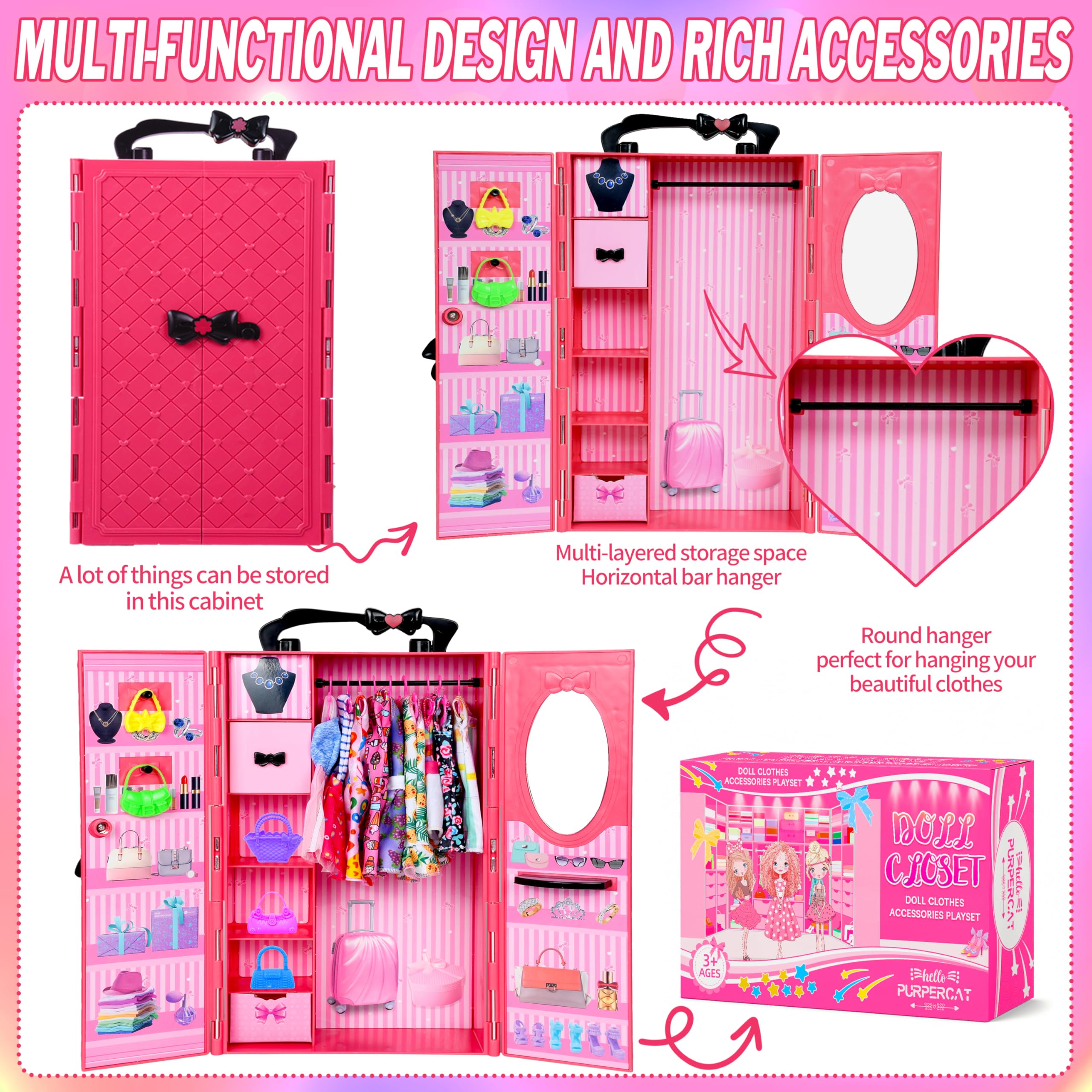 150 Pcs Doll Clothes and Accessories Playset with Dolls for Girls, Princess Gowns, Fashion Dresses, Swimsuits, Tops, Pants, Shoes, Bags Jewelrys in Closet for Doll Dress Up Fit for 11.5