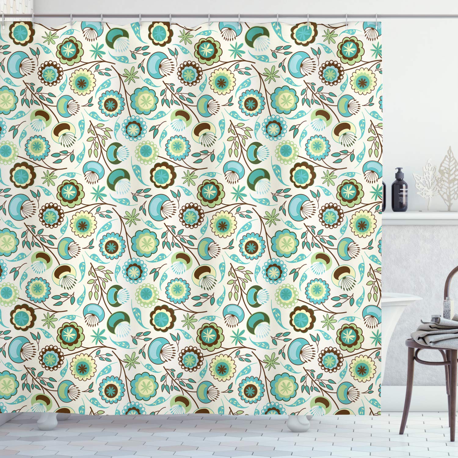 ABAKUHAUS Retro Shower Curtain, Joy of Nature Coming Alive in Spring Pastel Colored Flowers, 94 Inches, Mint Green Sky Blue