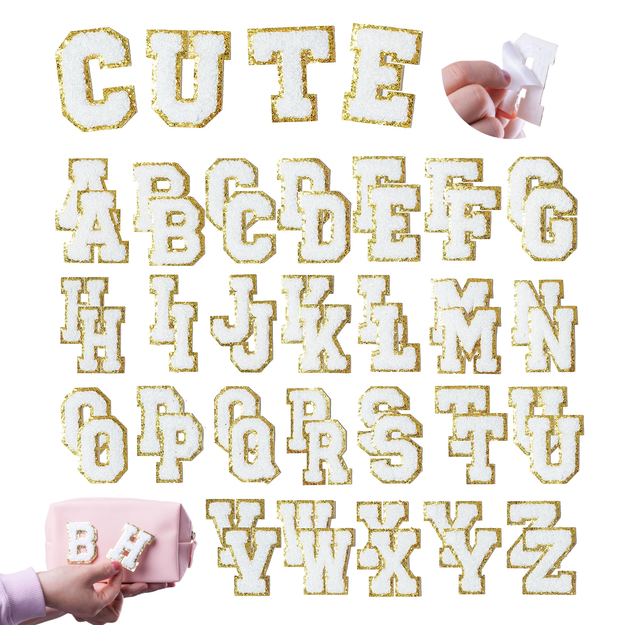 Photo 1 of ***MISSING LETTERS*** Y.TAO 52PCS White Chenille Letter Patches with Gold Trim - Varsity Style Self Adhesive Appliques for Jackets, Hats, Denim, Backpacks, DIY Fabric Stickers