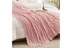 Amélie Home Pink Cable Knit Throw Blankets Soft Cozy and Lightweight Chunky Wool Chic Modern Farmhouse Knitted Throw Blankets for Couch Sofa Bedroom, 50'' x 60''
