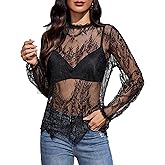 Avidlove Floral Lace Tops Women Mesh Top Long Sleeve Mock Neck Sheer See Through Button Down Shirts