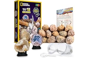 BLUE MARBLE NATIONAL GEOGRAPHIC Break Open 15 Premium Geodes Science Kit - Goggles, Detailed Learning Guide, 3 Display Stands, Great STEM Science Toy & Educational Gift