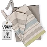 Railene Designs 400 GSM 100% Slubbed Cotton Kitchen Towels – Heavy-Duty, Super Absorbent, Lint-Free Dish Towels with Hanging Loop & Snap, 2-Pack (1 Striped, 1 Solid)