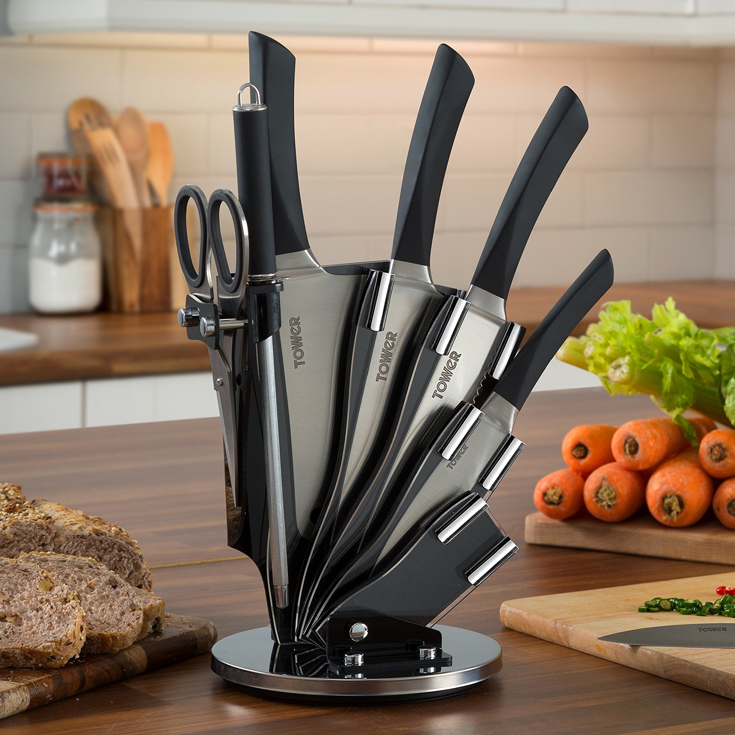 Tower Kitchen Knife Set with Rotating Acrylic Knife Block, Stainless