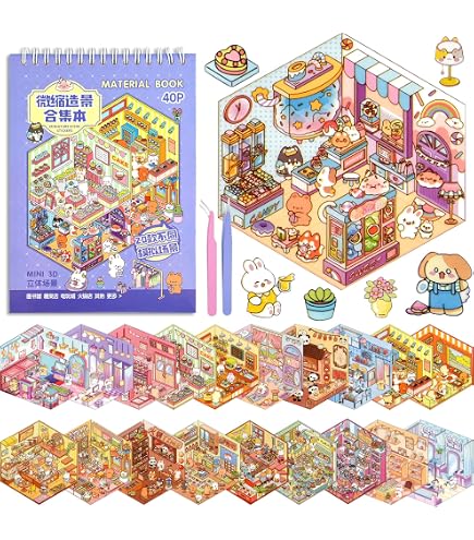 Set de 4 Autocollants 3D Maison DIY, Livre de Scènes, Créez Votre Propre Supermarché/Café/Restaurant/Librairie pour Enfants et Adultes