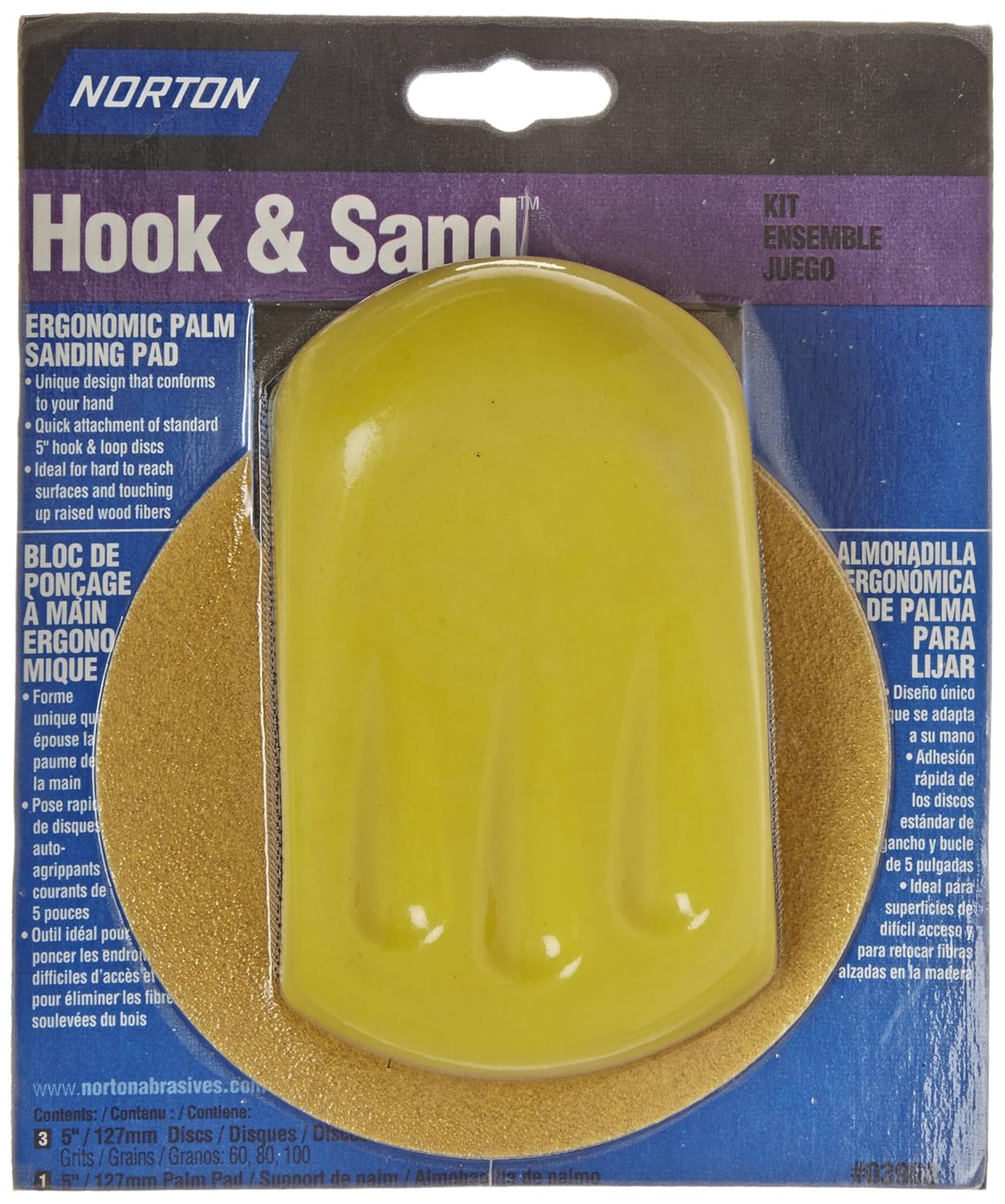 Norton 07660703968 Ergonomic Hook and Sand Hand Sander Disc Kit with 5" Pad, Paper Backing