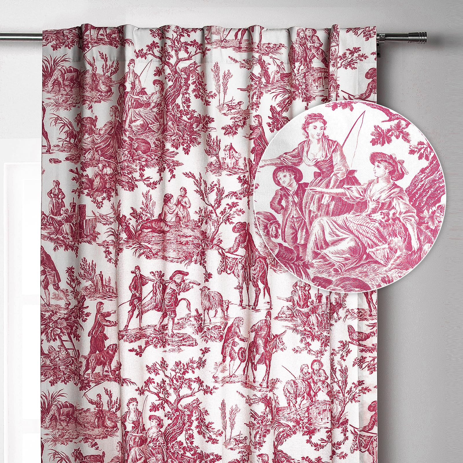 Maison d' Hermine Curtains for living room 100% Cotton 124 inch length One Panel Light Filtering Toile Curtains for Bedroom with rod and loop Pockets (The Miller Red (White Background), 50"W x 124"L) Image