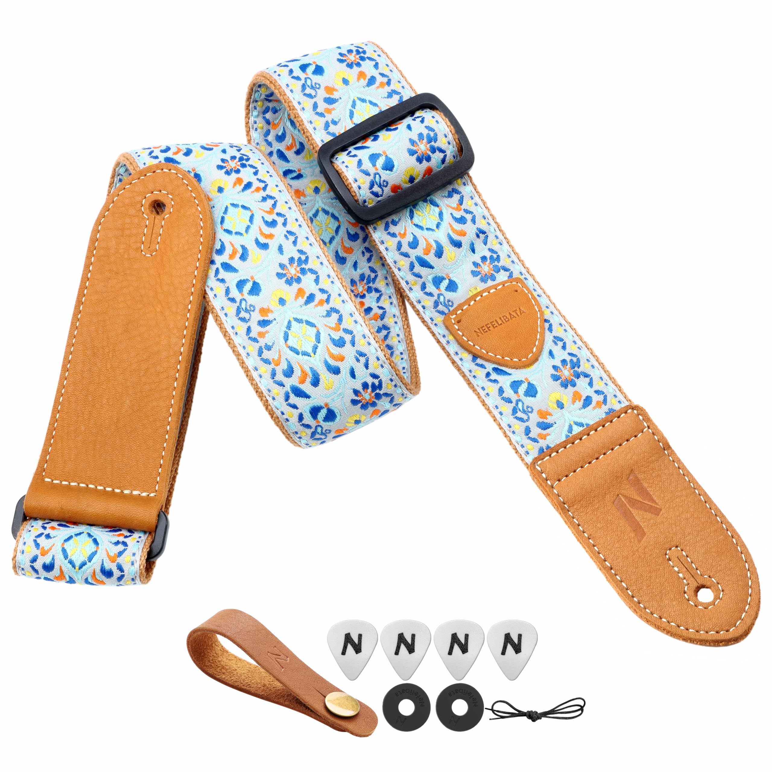 Nefelibata Guitar Strap,Double leather ends,Vintage Woven W/FREE BONUS-4 Picks+Strap Locks+Strap Button,Best Gift For Bass,Electric&Acoustic Guitars for Guitar(Vintage pale blue embroidery)