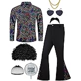 Lydoesy 70s Disco Outfit for Men 70s Costume with Retro Shirt Bell Bottom Pants Wig Sunglasses Necklace Mustache