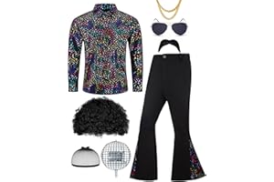 Lydoesy 70s Disco Outfit for Men 70s Costume with Retro Shirt Bell Bottom Pants Wig Sunglasses Necklace Mustache