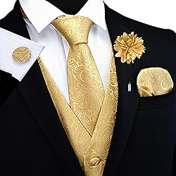 GUSLESON Mens Paisley Gold Suit Vest Tie and Bow