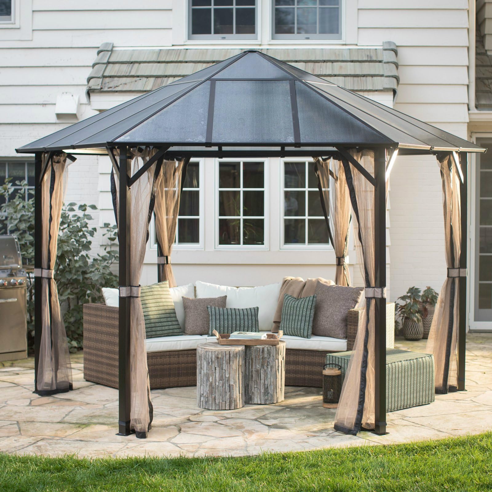 Belham Patio Hardtop Gazebo 13 ft. Hexagonal Polycarbonate Outdoor Mosquito Netting