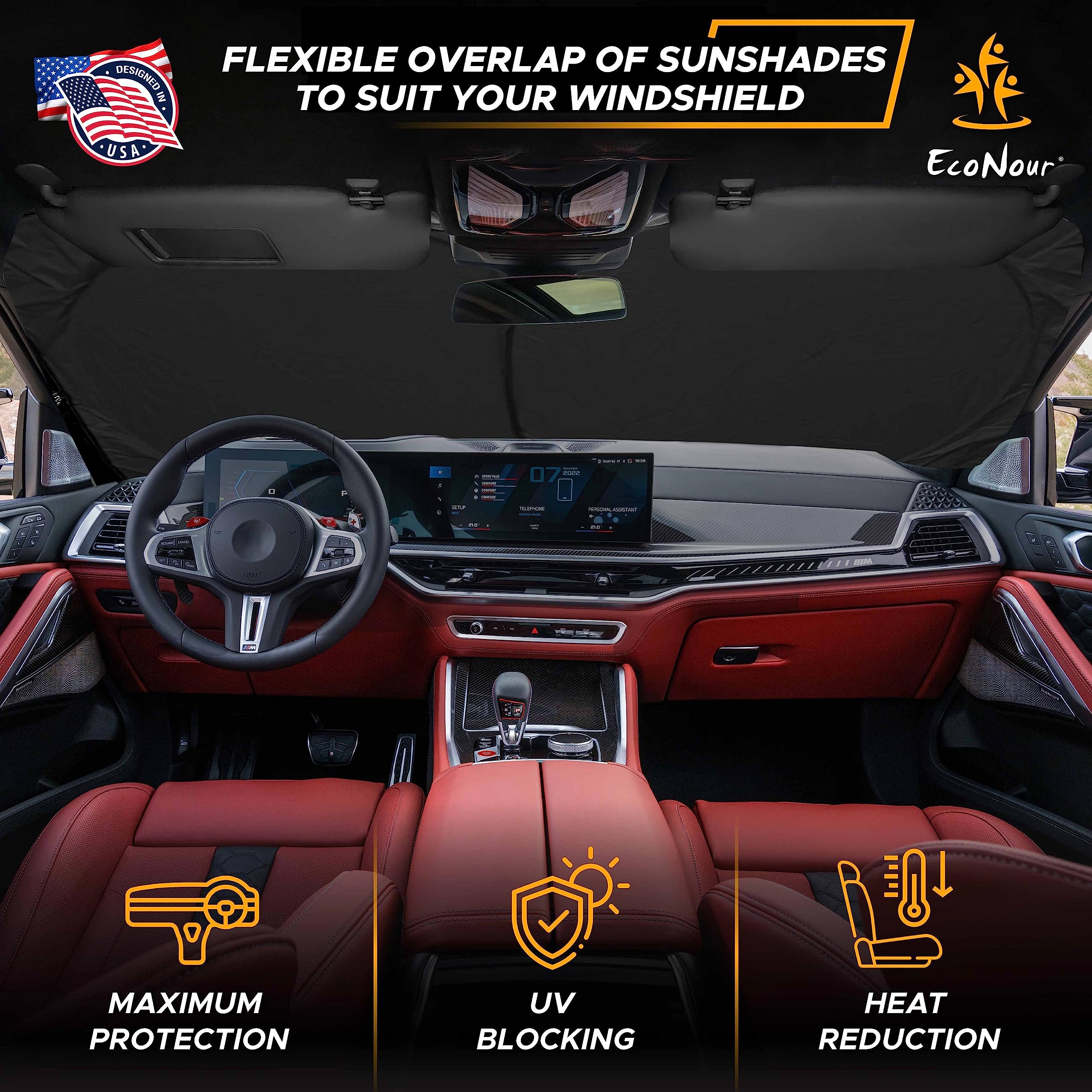 EcoNour Car Windshield Sun Shade with Pouch (Good Vibes) | Front Window Sun Protector for UV Rays | Car Interior Accessories Fits Small Sedans, Mini SUVs & Hatchbacks | Medium (64 inches x 32 inches)