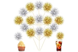 Chinco 100 Pcs Foil Firework Cupcake Toppers Gold and Silver Sparkle Tinsel Cake Toppers New Year Cake Decoration Cocktail Fruit Toothpick for Birthday Wedding Graduation Party