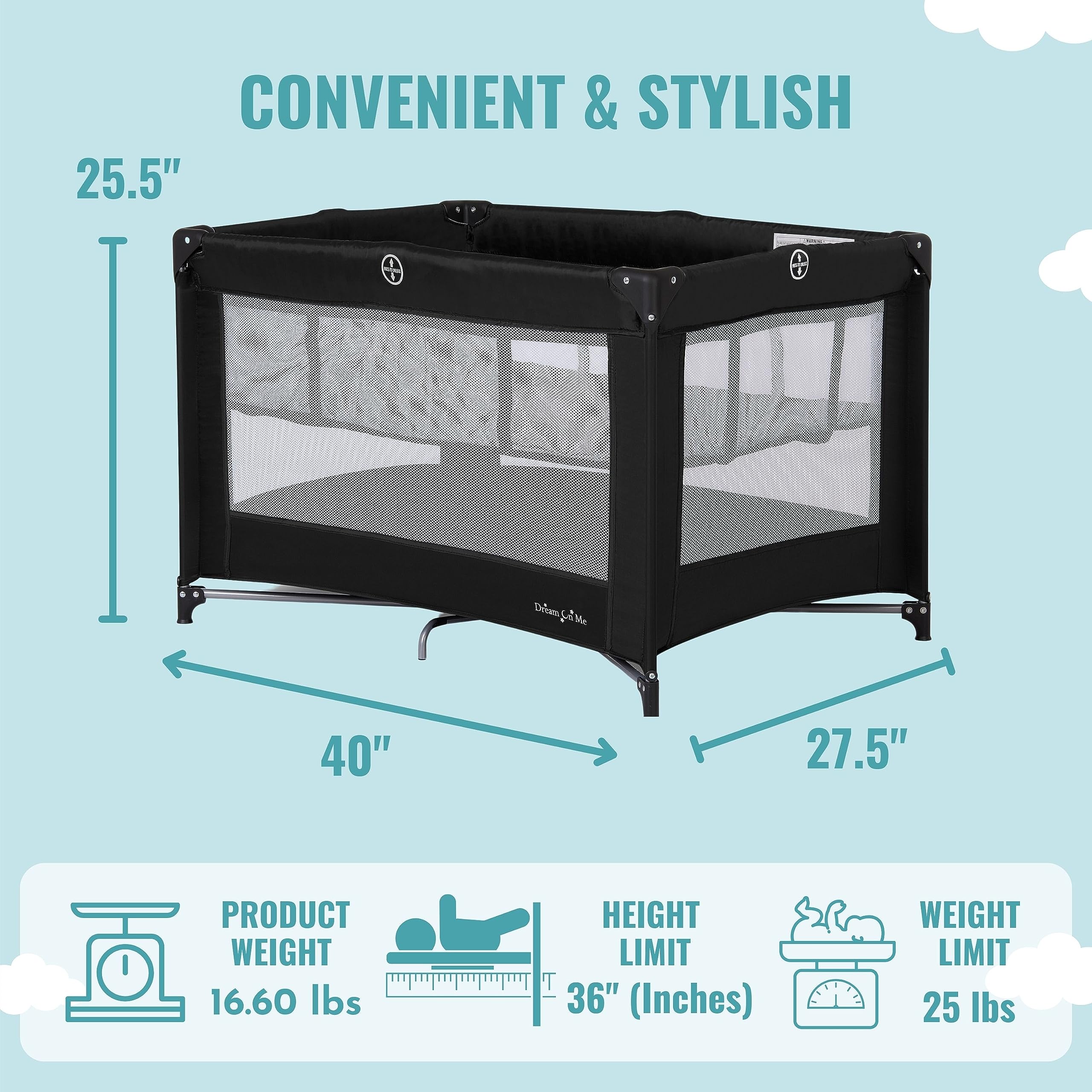 Dream On Me Zazzy Portable Playard with Bassinet in Black, Lightweight Packable and Easy Setup Baby Playard with Mattress and Travel Bag