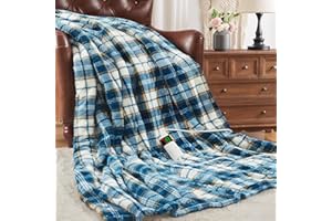 OCTROT Heated Blanket Electric Twin Size, Heating Blanket with 10 Heating Levels & 8 Hours Auto Off, Thick Soft Fuzzy Heat Blanket Sherpa Flannel Plush Checkered Plaid Blanket for Couch, 62x84in Blue