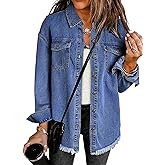 luvamia Denim Jacket for Women Oversized Button Down Casual Jean Shacket Jackets Long Sleeve Frayed Hem Western Trendy