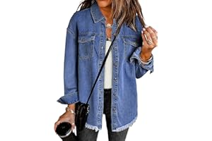 luvamia Denim Jacket for Women Oversized Button Down Casual Jean Shacket Jackets Long Sleeve Frayed Hem Western Trendy