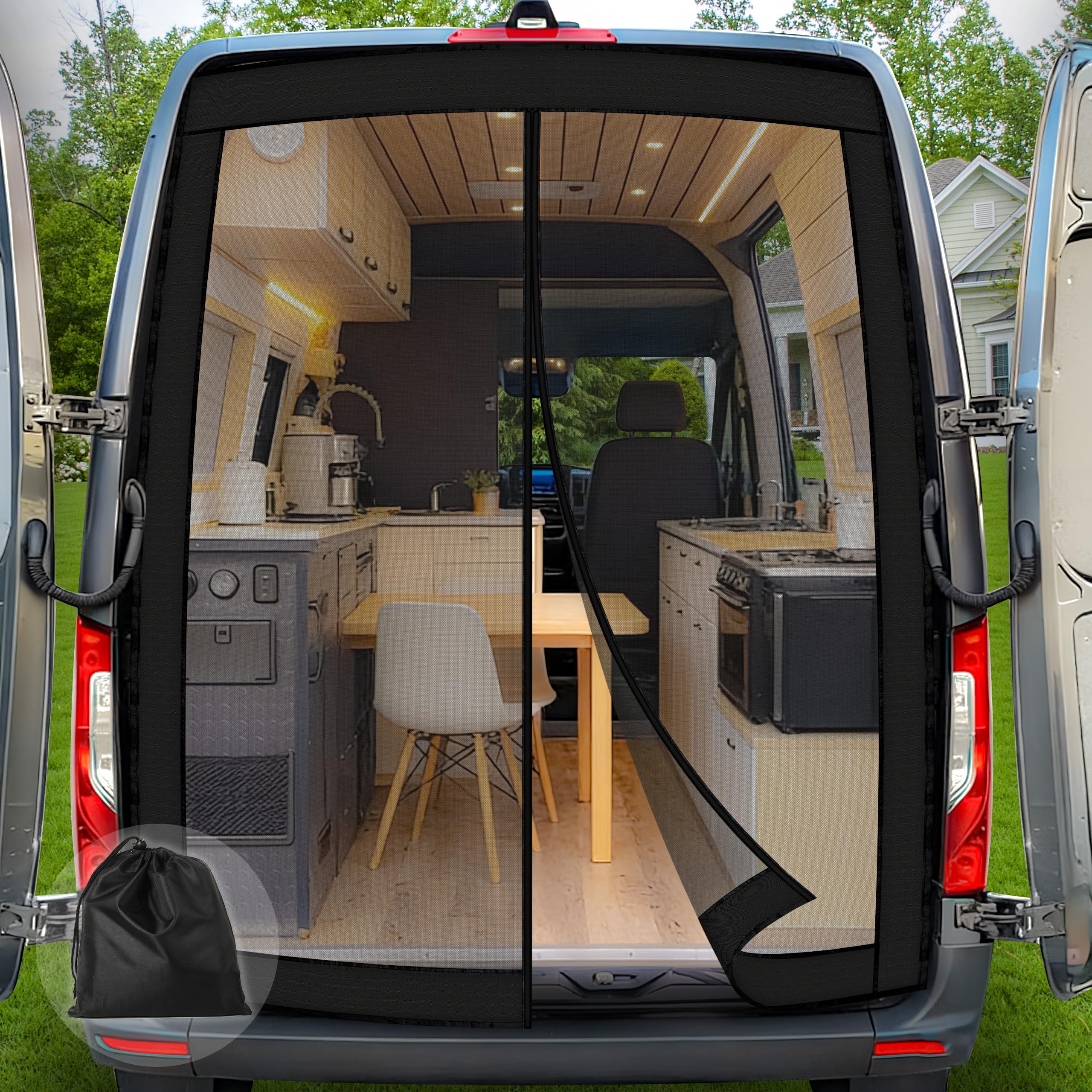 Photo 1 of Lea2Drim Van Bug Screen Mesh Screen Door Magnetic Screen Door fit Mercedes Sprinter Ford Transit RAM Promaster Sliding Door Screen Mosquito Net for Door High Roof Rear Door 83"(h) x 59"(w)