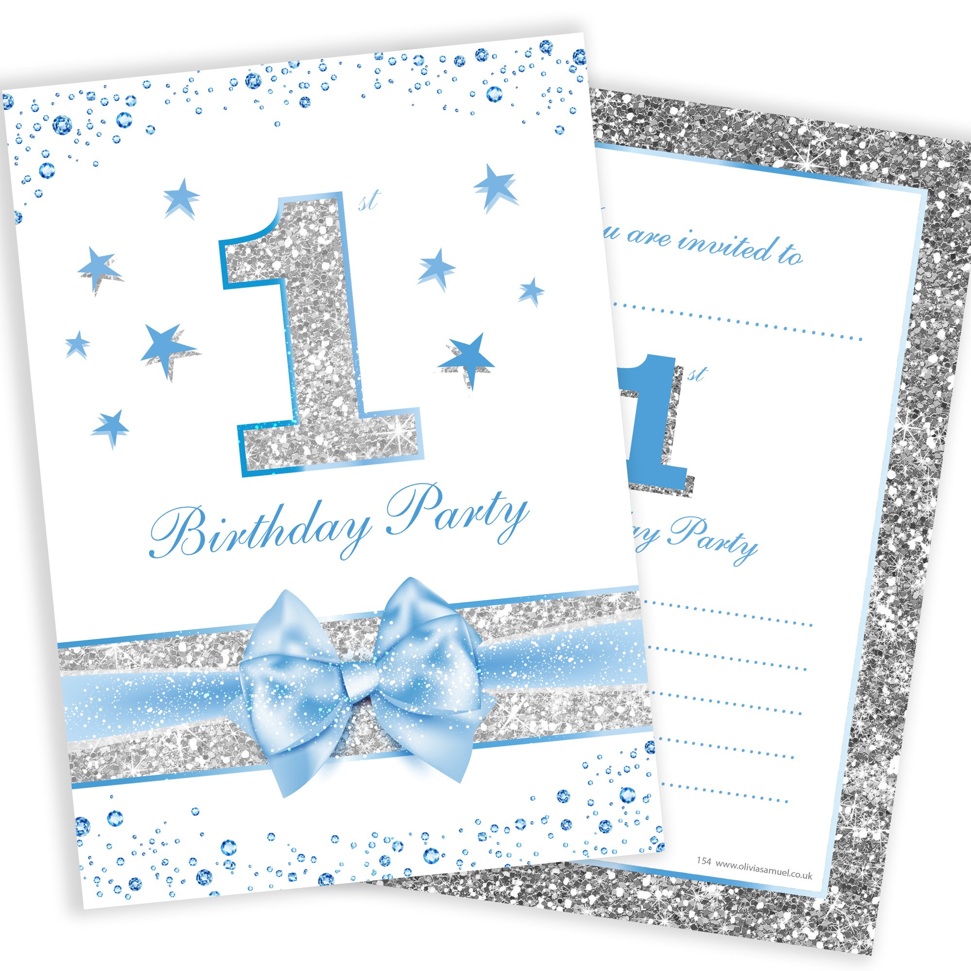 Olivia Samuel 20 x First Birthday Party Invitations - Baby Boy Blue Sparkly Design and Photo Effect Silver Glitter - A6 Postcard Size with envelopes