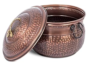 BIRDROCK HOME Water Hose Holder with Lid | Ground Garden Hose Pot | Decorative | Handle | Embossed | Steel Metal with Copper Accents | Outdoor or Indoor Use