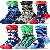 Welwoos Kids Boys Toddlers Fuzzy Slipper Socks with Grips Non Slip Warm Fluffy Winter Thick Fun Cozy Hospital Socks 6 Pairs