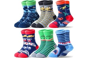 Welwoos Kids Boys Toddlers Fuzzy Slipper Socks with Grips Non Slip Warm Fluffy Winter Thick Fun Cozy Hospital Socks 6 Pairs
