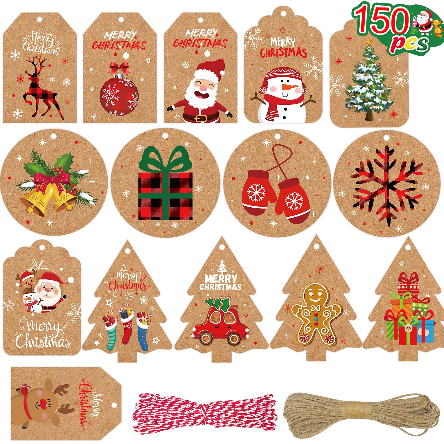RMMD Christmas G-ift Tags 150PCS Christmas Tags for Present Xmas Gift Tag with String Brown Craft Paper for Gift Wrapping Xmas Hanging Labels Christmas Wrapping Tag for DIY Craft