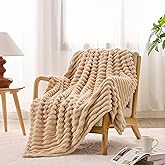Simple&Opulence Flannel Throw Blanket for Couch - Super Soft 3D Striped Jacquard Fluffy Blanket for Bed, Fleece Lightweight Cozy Throw for All Seasons (50"x60", Beige)