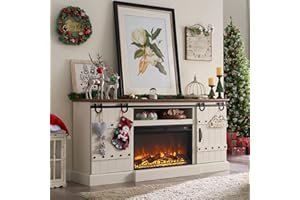 OKD Fireplace TV Stand for 75 80 Inch TV, Farmhouse Entertainment Center with Sliding Barn Doors, Rustic Media Console Table with Storage Cabinets for Living Room, Antique White