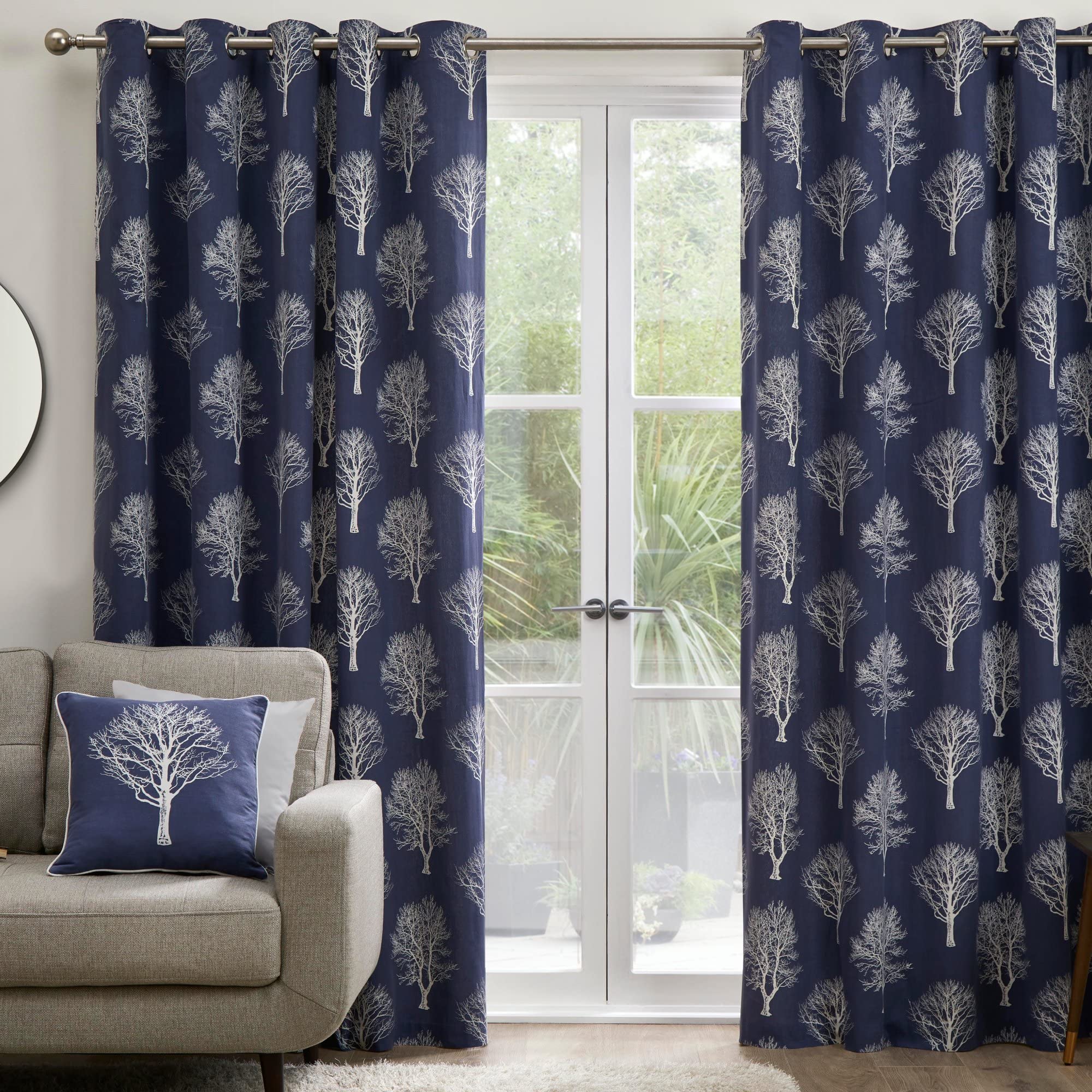 Fusion - Woodland Trees - 100% Cotton Pair of Eyelet Curtains - 66" Width x 90" Drop (168 x 229cm) in Navy