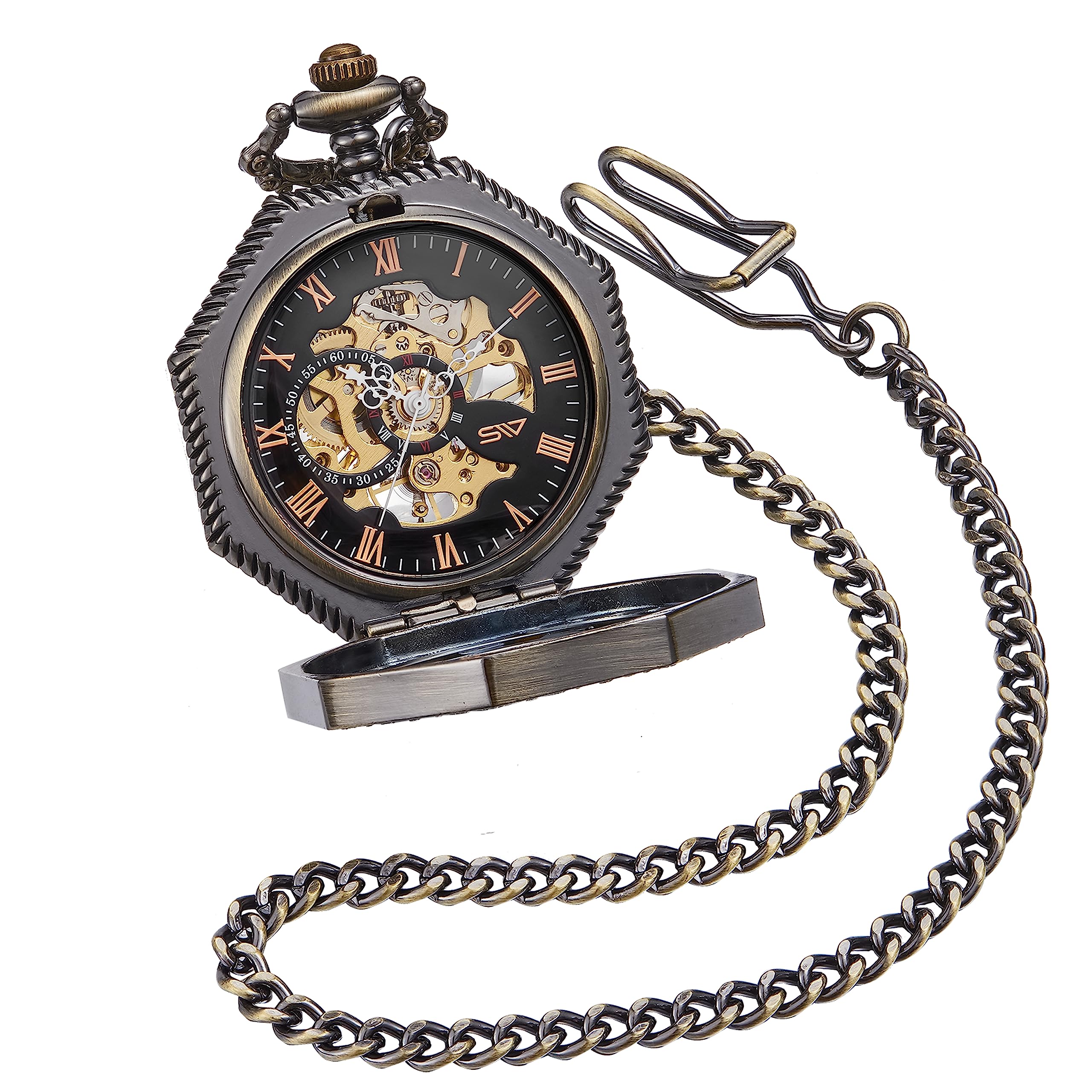 ShoppeWatch Men’s Pocket Watch with Chain | Hand Winding Vintage Pocket Watch | Classic Mechanical Movement Pocketwatch | 1920s Railroad Steampunk Costume Accessory