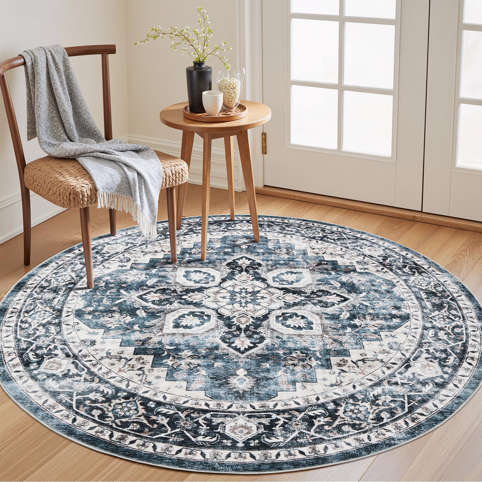 AMADA HOMEFURNISHING 5ft Round Area Rug, Low-Profile Washable 5x5 Rugs with Non-Slip Backing & Durable Edge Binding, Vintage Rug for Kitchen, Bedroom & Hallway, Blue Image