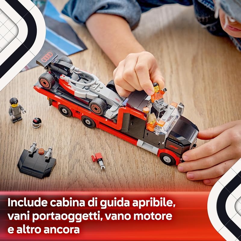 City Display Truck F1 con Auto da Corsa Audi F1 Giocattolo - Kit con 3 Minifigure e Funzione di Sollevamento Veicoli - Idea Regalo per Bambini da 7 Anni in su Fan degli Sport Motoristici - 60493 — foto 6 di 8