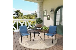 DIFY 3-Piece Outdoor Patio Bistro Dining Set, Black Small Square Dining Table & 2 Blue Stackable Metal Chairs with Breathable Fabric, Outdoor Furniture Set for Balcony, Porch, and Deck