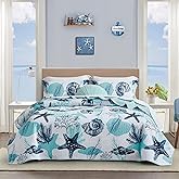 Tritard 3 Piece Coastal Quilt Sets King Size Nautical Reversible Lightweight Bedspread Coverlet with 2 Shams Blue Starfish Conch Beach Microfiber Bedding Quilt Set for All Season, 106''x96''