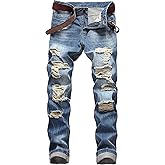 DANT BULUN Men's Ripped Distressed Destroyed Slim Fit Straight Leg Denim Jeans