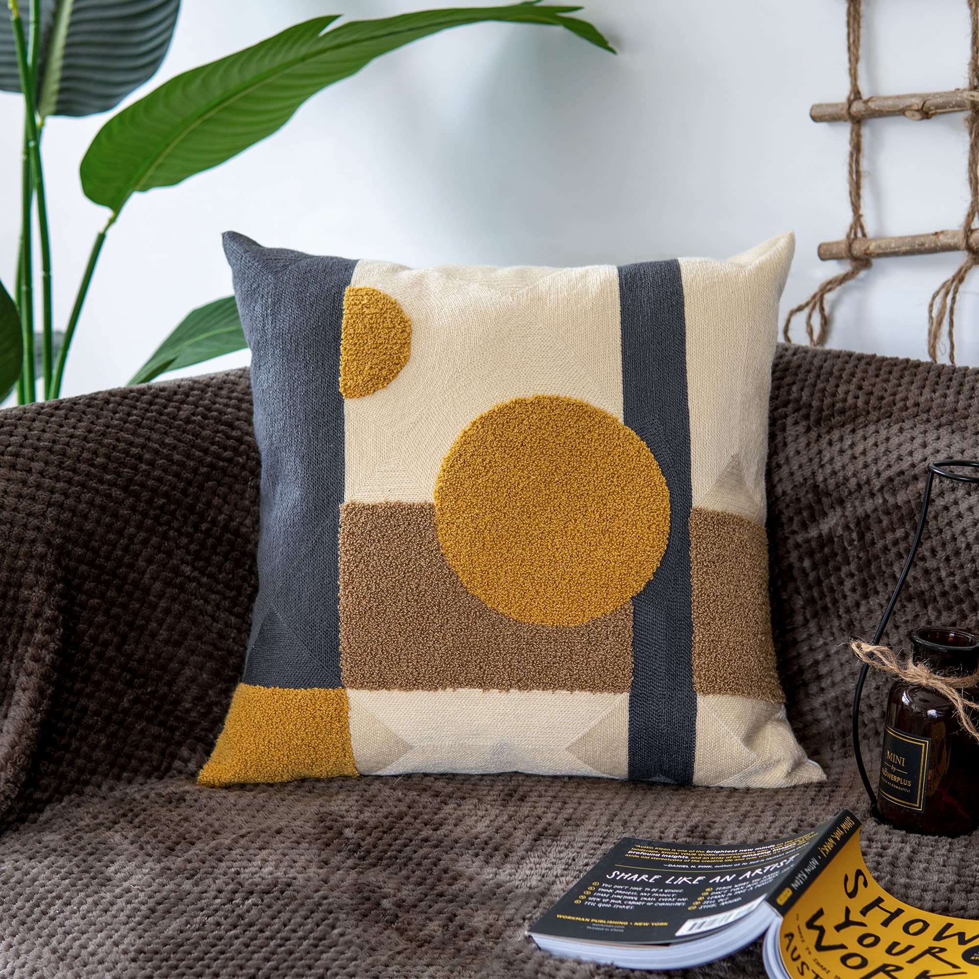 Photo 1 of VANNCIO Vintage Decorative Throw Pillow Cover, Cotton Rustic Retro Accent Pillowcase for Mid Century Boho Decor, Geometric Patterned Cushion Sham, Square 18 inches, 1 PCS(Golden Brown)