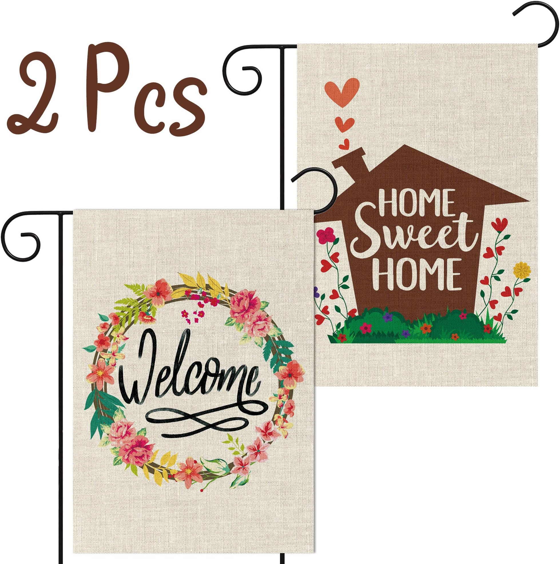 Grobro7 2Pcs Burlap Sweet Home Welcome Flag Double Sided Garden Flag Colorful Wreath Decoration Flag for Yard Outdoor Party(12x18 Inch)