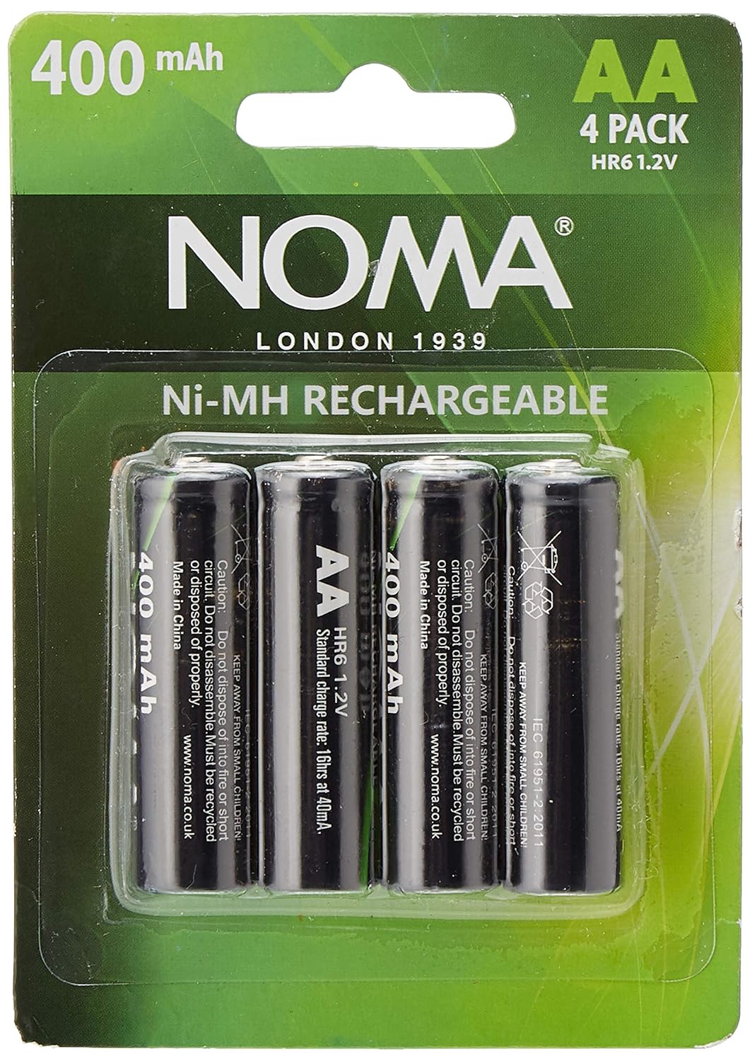 Noma AA Rechargable Batteries, 400 mAH, Pack of 4, One Size Amazon.co